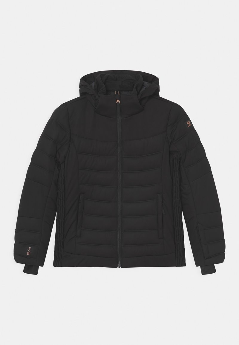 Veste matelassée noire avec capuche, fermeture éclair à l'avant, poches latérales zippées et poignets élastiques, conçue pour les temps froids.