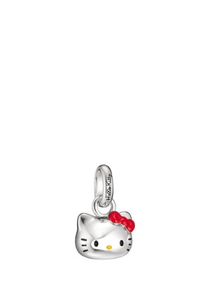 Charm Hello Kitty en argent avec un nœud rouge et une boucle gravée pour attacher à un bracelet ou un collier.