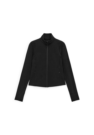 Veste noire à fermeture éclair avec haut col, manches longues, poches latérales et texture lisse et élégante. Design minimaliste, sans motifs ni accents visibles.