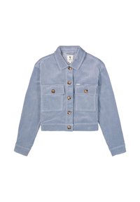 Helle blaue Cord-Jacke, tailliert, mit langen Ärmeln, Knopfverschluss, zwei Knopftaschen auf der Brust und klassischem Kragen.