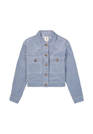 Helle blaue Cord-Jacke, tailliert, mit langen Ärmeln, Knopfverschluss, zwei Knopftaschen auf der Brust und klassischem Kragen.