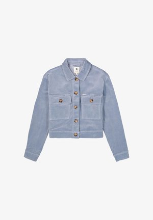 Light blue corduroy cropped jacket with long sleeves, button front, two buttoned chest pockets, and a classic collar.