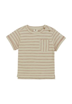 T-shirt à manches courtes rayé en beige et rouge avec une poche poitrine et deux boutons décoratifs sur l'épaule. Matériau en coton.