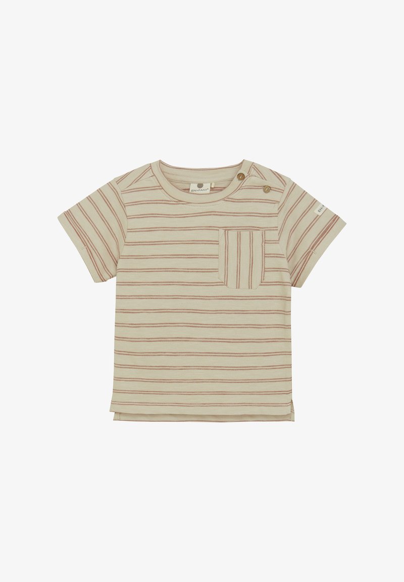 Kortärmad randig t-shirt i beige och röd med en bröstficka och två dekorativa knappar på axeln. Tillverkad av bomull.