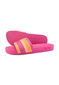 Pink slide sandals featuring a textured footbed, wide strap with pink and orange stripes, and ridged sole for traction.