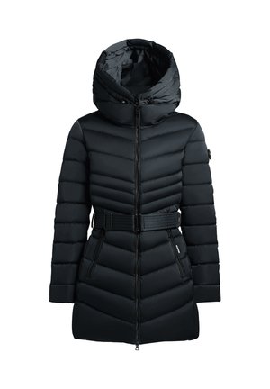 Schwarze Funktionsjacke mit Chevron-Muster, ausgestattet mit Kapuze, Reißverschluss, tailliertem Gürtel und zwei seitlichen Taschen. Glatte, glänzende Textur.