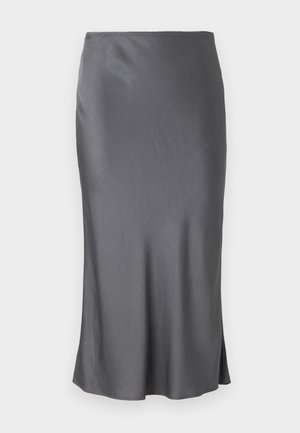 Grå sateng midi skjørt med jevn tekstur, rett silhuett, subtil sidelogg, og elastisk midje.