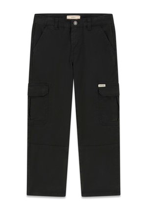 Pantalon cargo noir avec passants de ceinture, poches avant, fermeture par bouton et fermeture éclair, et poches à rabat sur chaque cuisse avec logo Guess sur la poche droite.