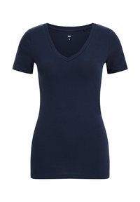 Marinblå V-ringad t-shirt i mjukt bomullsblandning, med korta ärmar och en smal passform. Slät yta och minimal detaljer.