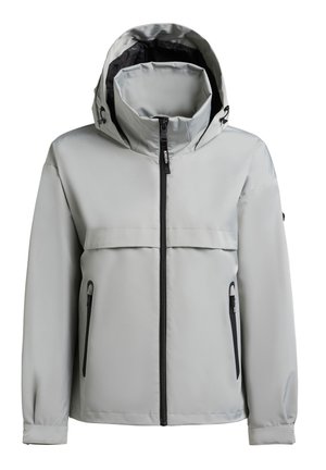 Lichtgrijze waterdichte jas met capuchon, ritssluiting aan de voorkant, verstelbare koorden in de capuchon en twee zijzakken met rits.