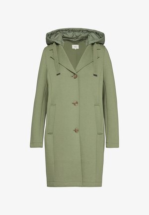 Olijfgroene lange jas met een capuchon, voorzien van een knoopsluiting, twee zijzakken en een gladde textuur. Dubbele trekkoord op de capuchon.