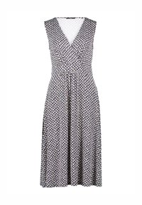 Sleeveless wrap dress with a navy base and beige geometric pattern. Features a V-neckline and flowing fabric that drapes to the knee.