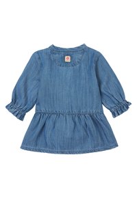 Denim jurk in lichtblauw met plooiachtere, gerimpelde mouwen, ronde halslijn en een klein label aan de achterkant. Glad oppervlak en casual ontwerp.