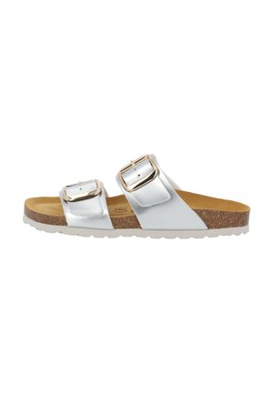 Silver slide sandal with two adjustable buckles, cork footbed, and a textured rubber sole, featuring a smooth metallic upper finish.