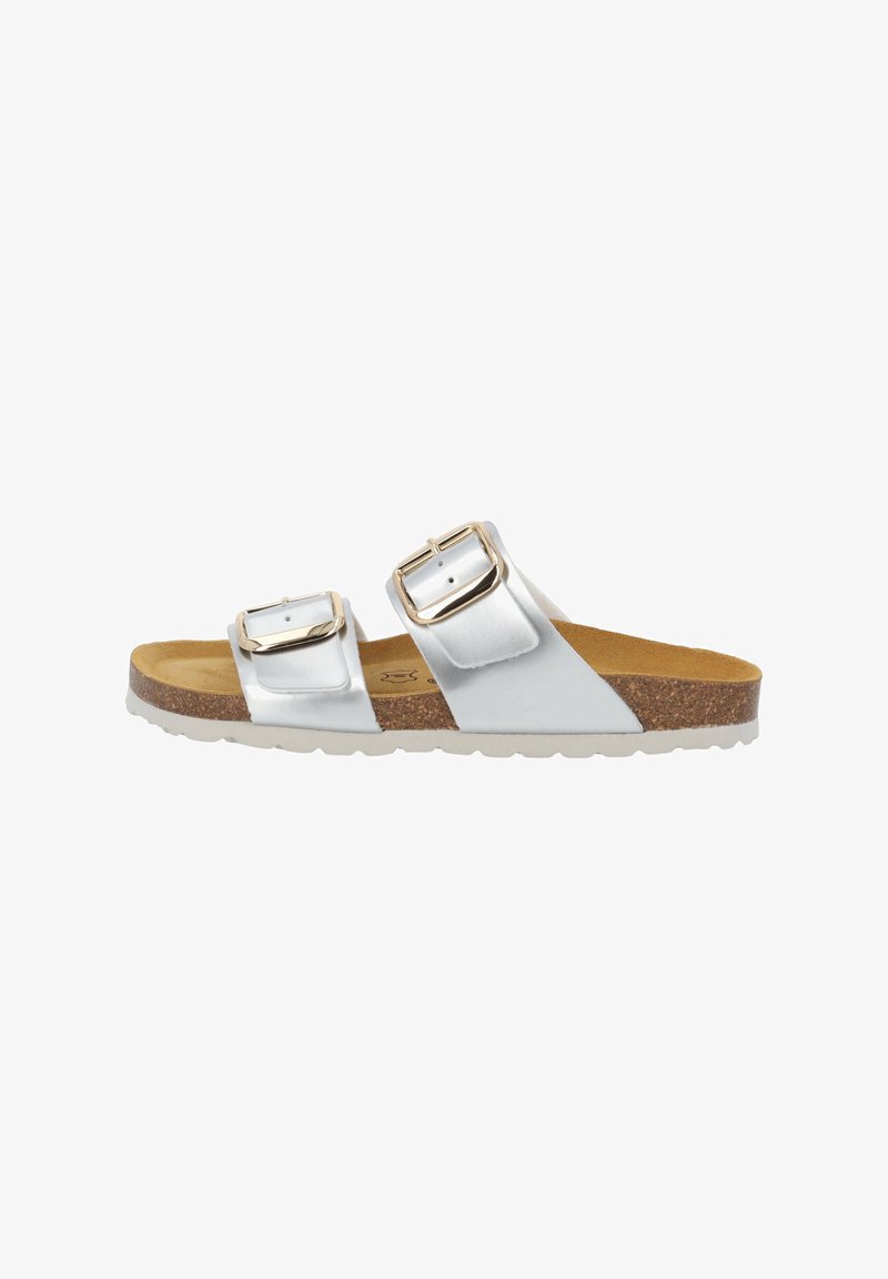 Silver slide sandal with two adjustable buckles, cork footbed, and a textured rubber sole, featuring a smooth metallic upper finish.