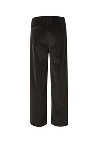 Pantalon en velours côtelé brun foncé vu de dos avec des jambes droites et deux poches passepoilées à la taille.