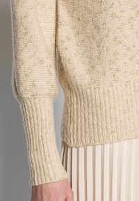 Beige gestrickter Pullover mit goldenen Fäden, gerippten Bündchen und Saum. Weiche Textur mit lockerer Passform, die dezente Musterung aufweist.
