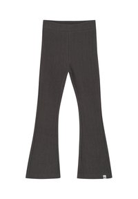 Leggings évasés en tissu côtelé gris foncé, dotés d'une taille extensible et d'une coupe ajustée avec une légère évasement à l'ourlet.