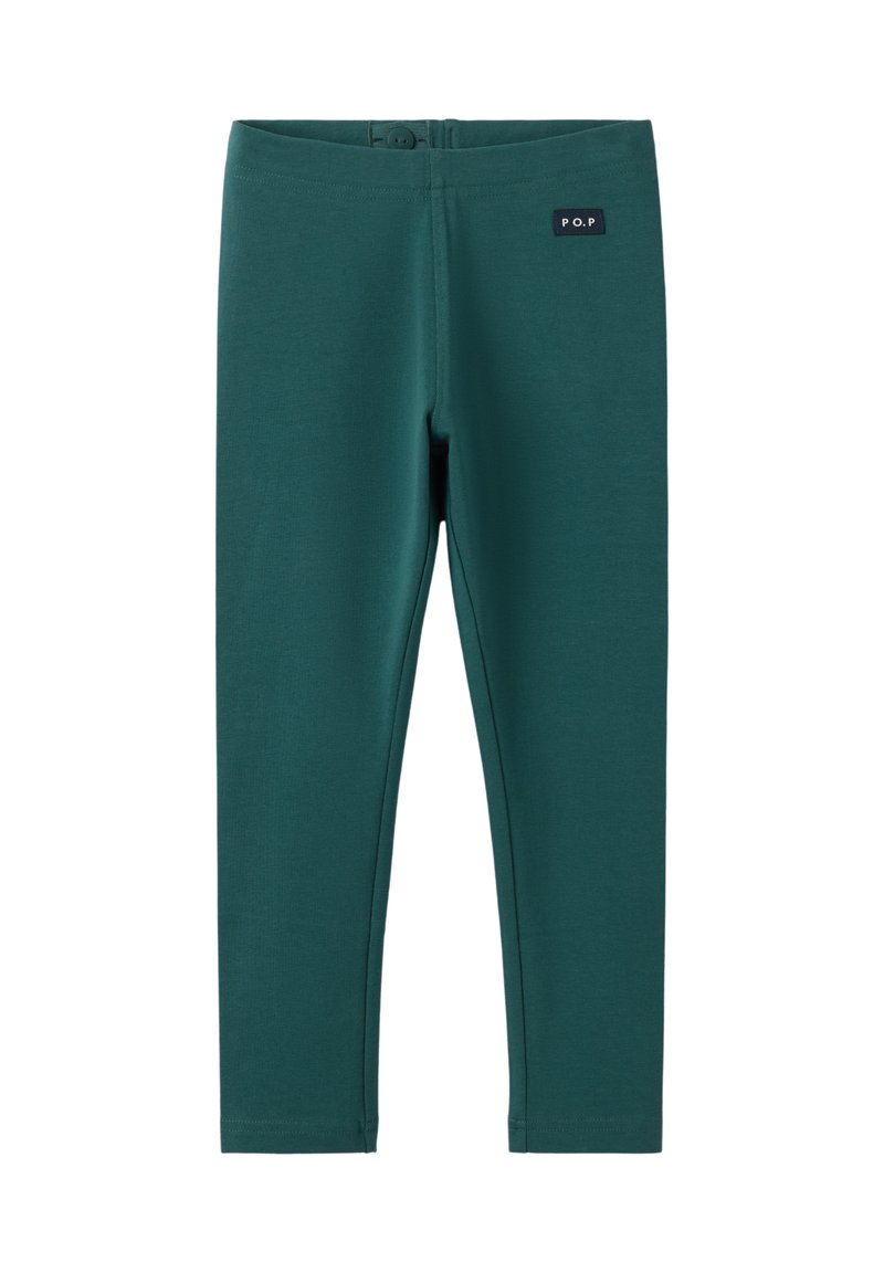 Vihreät legginsit, jotka on valmistettu venyvästä kankaasta, ja niissä on sileä pinta sekä pieni musta etiketti vyötäröllä. Ei kuvioita tai metalliosia.