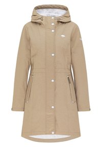 Veste imperméable beige avec capuche, fermeture à pression à l'avant, poches latérales zippées et un logo simple d'un parapluie blanc sur la poitrine.