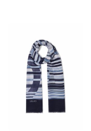 Sciarpa leggera con strisce orizzontali e curve in tonalità di blu e navy, con logo "LIU·JO" su un'estremità.