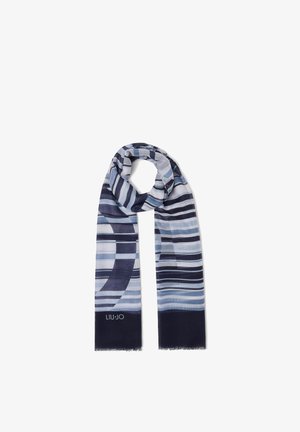 Écharpe légère avec des rayures horizontales et courbées dans des tons de bleu et marine, ornée du logo "LIU·JO" à une extrémité.