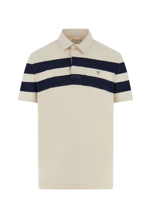 Beige poloshirt met marineblauwe horizontale strepen, gemaakt van katoen, korte mouwen en een klassieke kraag. Heeft een klein logo op de borst.
