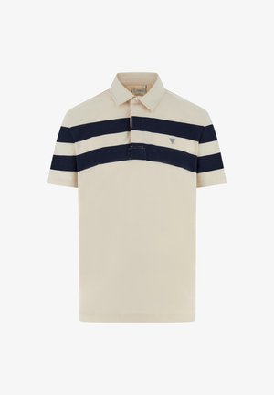 Camisa polo beige con rayas horizontales azul marino, de material de algodón, de mangas cortas y con un cuello clásico. Presenta un pequeño logo en el pecho.