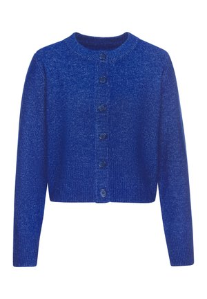 Blue knitted long-sleeve buttoned cardigan with ribbed cuffs, hem, and round neckline on a white background.
