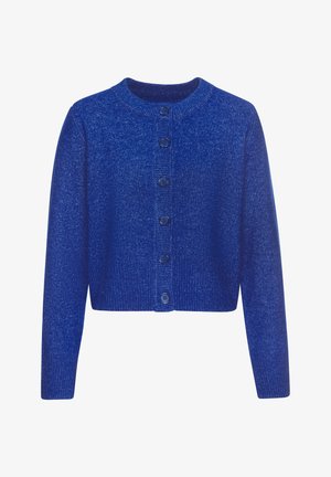Blue knitted long-sleeve buttoned cardigan with ribbed cuffs, hem, and round neckline on a white background.