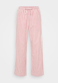 Lightweight, pink and white striped pajama pants with an elastic waistband and drawstring. Straight leg design, soft texture.