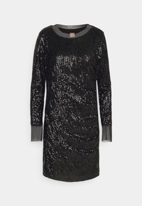 Svart paljettklänning med långa ärmar, rund halsringning och grå kant vid ärmsluten. Har en glänsande textur genom hela klänningen.