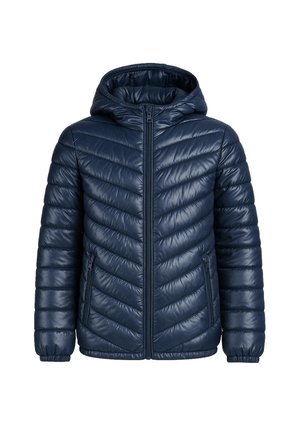 Donkerblauwe doorgestikte pufferjas met capuchon, ritssluiting aan de voorkant, elastische manchetten en ritssluitzakken aan de zijkant.