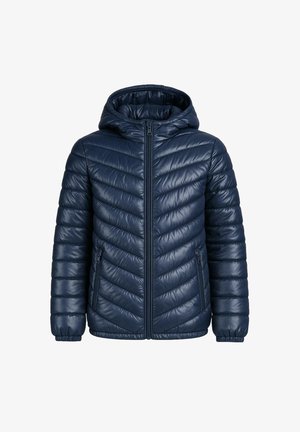 Donkerblauwe doorgestikte pufferjas met capuchon, ritssluiting aan de voorkant, elastische manchetten en ritssluitzakken aan de zijkant.