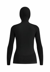 Black thermal base layer with a fitted design, featuring textured fabric and long sleeves, covering the head and neck with seamless construction.