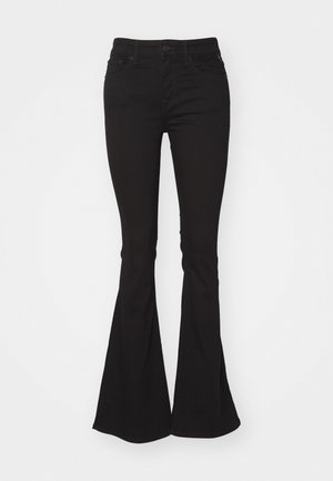 Black flared jeans with a high waist, featuring a standard button and zipper closure, two front pockets, and a slightly textured fabric.