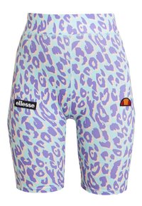 Ljust blå cykelshorts med lila och rosa leopardmönster. Har en elastisk midja och en svart "ellesse" logotyp-patch.