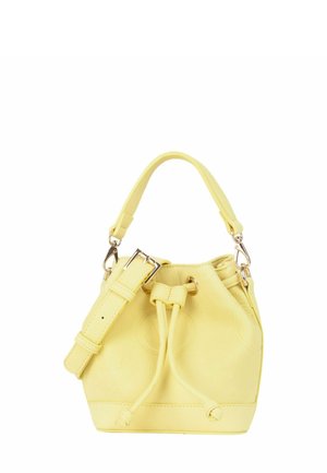 Sac seau jaune avec une finition en cuir texturé, des ferrures dorées et une fermeture à cordon. Comprend une sangle d'épaule détachable.