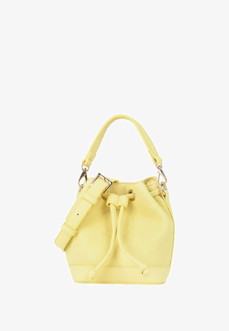 Sac seau jaune avec une finition en cuir texturé, des ferrures dorées et une fermeture à cordon. Comprend une sangle d'épaule détachable.