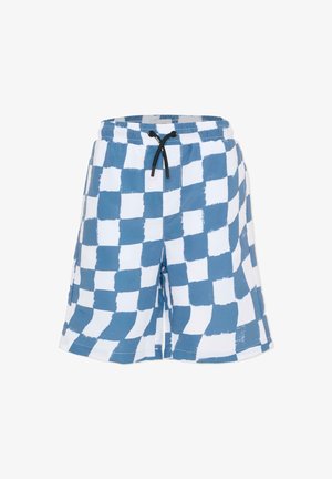 Shorts de bain à carreaux bleu et blanc avec une ceinture élastique, une fermeture à cordon de serrage et une coupe ample. Présente une texture brossée dans le motif.