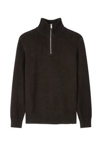 Dunkelgrauer Pullover aus weichem Material, mit einem hohen Kragen und einem viertel Reißverschluss, sowie gerippten Bündchen und Saum.