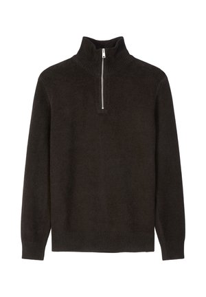Dunkelgrauer Pullover aus weichem Material, mit einem hohen Kragen und einem viertel Reißverschluss, sowie gerippten Bündchen und Saum.