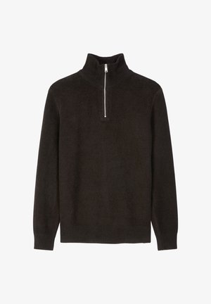 Dunkelgrauer Pullover aus weichem Material, mit einem hohen Kragen und einem viertel Reißverschluss, sowie gerippten Bündchen und Saum.