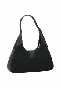 Black handbag with a structured, triangular shape. Features a smooth leather trim and a textured floral pattern. Adjustable shoulder strap.