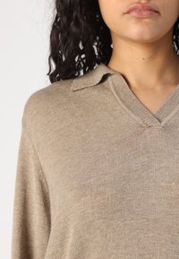 Pull en maille beige avec un col en V. Texture douce, manches longues et un léger éclat. Design minimaliste, sans motifs visibles ni accents.