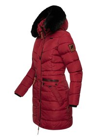 Red puffer coat with a detachable black faux fur hood. Features quilted design, front zippered pockets, and an embroidered logo patch on the sleeve.