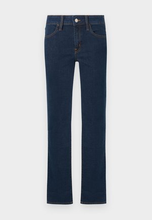 Jean denim droit bleu foncé avec bouton et fermeture éclair à l'avant, poches avant et arrière, présenté sur un fond blanc.