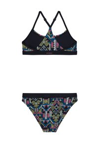 Dvojdielny bikiny set s farebným geometrickým vzorom na spodnej časti a čiernym vrškom s nastaviteľnými popruhmi a prekríženým dizajnom vzadu.