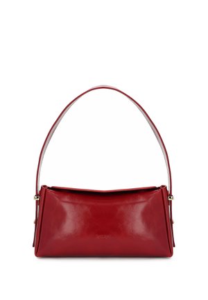 Red leather shoulder bag with a curved single strap and subtle brand embossing on the front center.