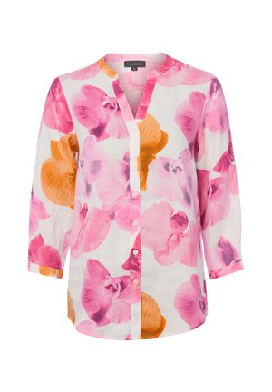Biała bluzka z długim rękawem w różowo-pomarańczowy kwiatowy wzór, z przodu na guziki, bez kołnierzyka.